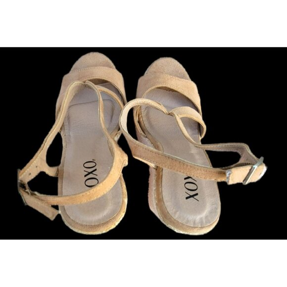 Beige Suede Platform Sandals Heels Wedges XOXO Sabeen Sand Neutral Size 8 LH8228 - Picture 6 of 8